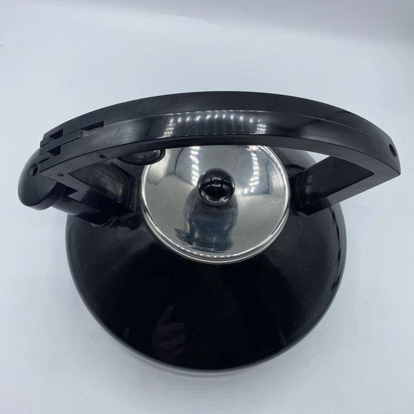 Vintage Black Enamel Tea Kettle Metal Sleek Design Silver Lid Black Knob