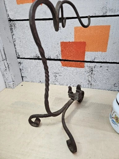 Vintage Enamel Folk Art Tea Pot With Cast Iron Stand