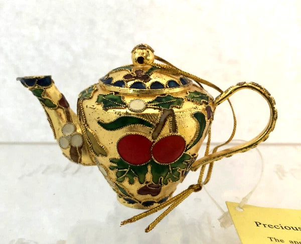 Cloisonné Style Enamel Mini Teapot Ornament Gold with Cherries and Fruit 4 in.