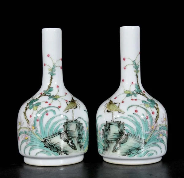 Pair Qianlong Signed Old Chinese Colour Enamel Vase W/orchid N3436