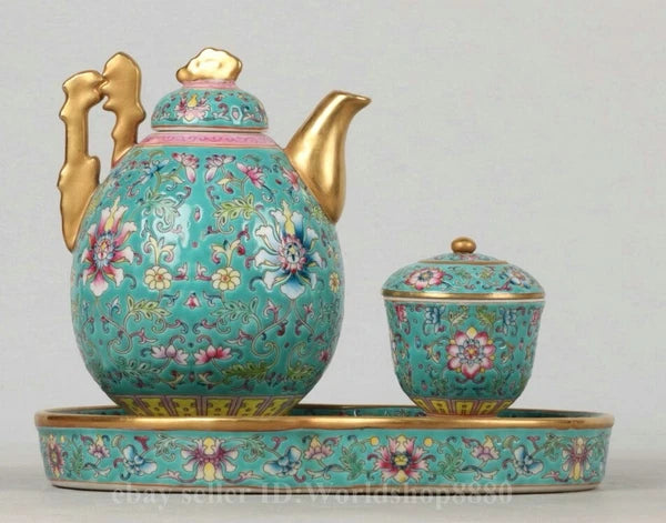8.5" Yongzheng Marked Enamel Porcelain Gilt Flower Pattern Tea Pot Cup Plate Set