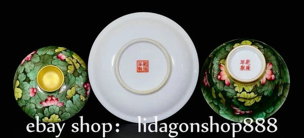 5" Qianlong Marked Enamel Porcelain Lotus Flower Leaf Pattern Lid Cup Plate Set