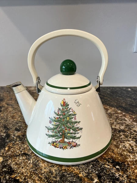 Spode Christmas Tree Metal Enamel Tea Pot With Hinged Handle and Lid 2.5 Quarts