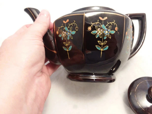 Japan Vintage Black Glazed Tea Pot Hand-painted Design Flowers Gold Trim Hexagon