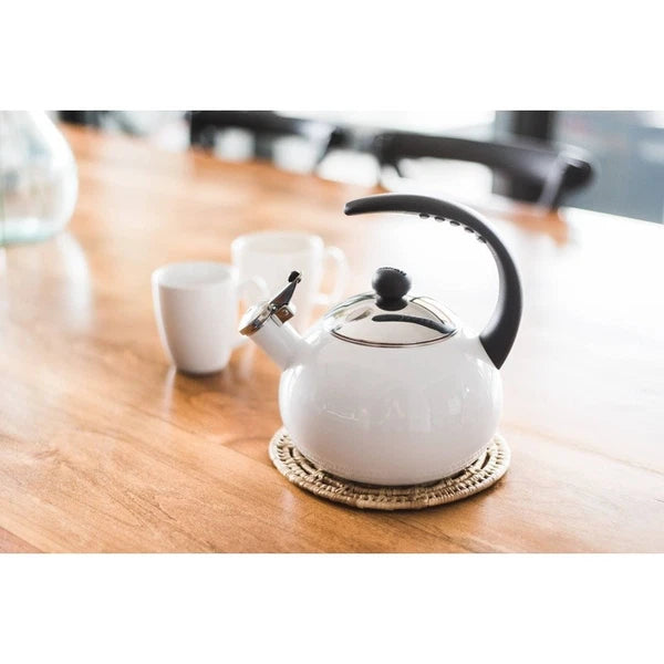 Porcelain Enamel Tea Kettle Stainless Steel Lid Bakelite Handle Stay Cool White