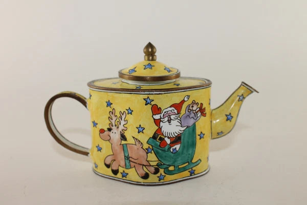 Vintage Collectible Kelvin Chen Enamel Miniature Yellow Teapot Santa w Reindeer