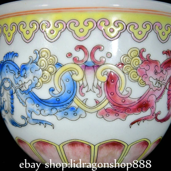 3.7" Qianlong Marked Enamel Porcelain Dragon Beast Pattern Wine Tea Cup Pair