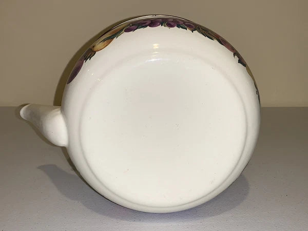 Vintage Enamel Cornucopia Tea Kettle Fruits & Copper Trim VGC