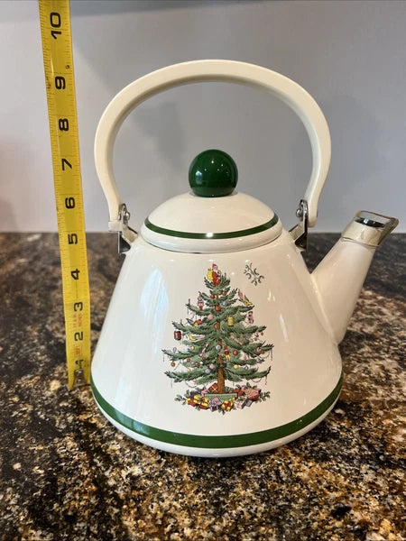 Spode Christmas Tree Metal Enamel Tea Pot With Hinged Handle and Lid 2.5 Quarts