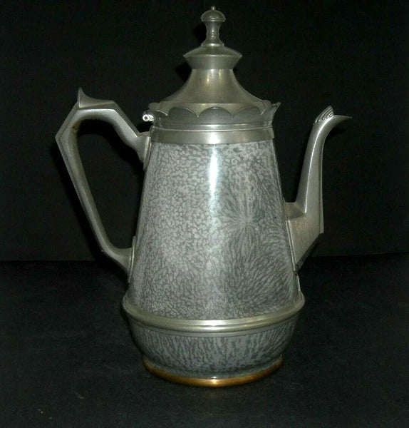 Early (1890 - 1905) Pewter-Trimmed Grey Graniteware Teapot - Enamel Ware