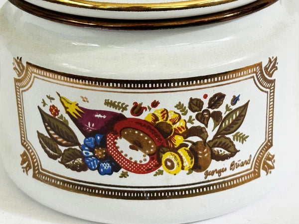 GEORGES BRIARD Tea Kettle Enamelware Fruit Vegetables Gold Accents Mid Century