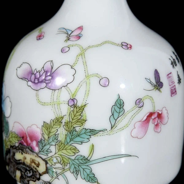 Qianlong Signed Pair Old Chinese Colour Enamel Vase W/flower N3582