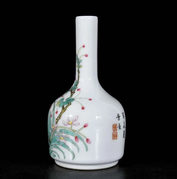 Pair Qianlong Signed Old Chinese Colour Enamel Vase W/orchid N3436