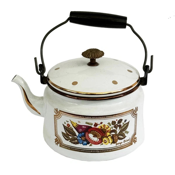GEORGES BRIARD Tea Kettle Enamelware Fruit Vegetables Gold Accents Mid Century