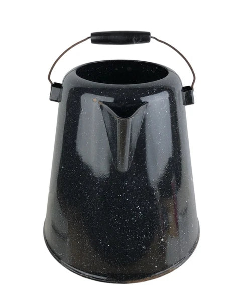 Vtg Enamelware Coffee Tea Pot Camping Kettle Black Speckled 10.5” Tall No Lid