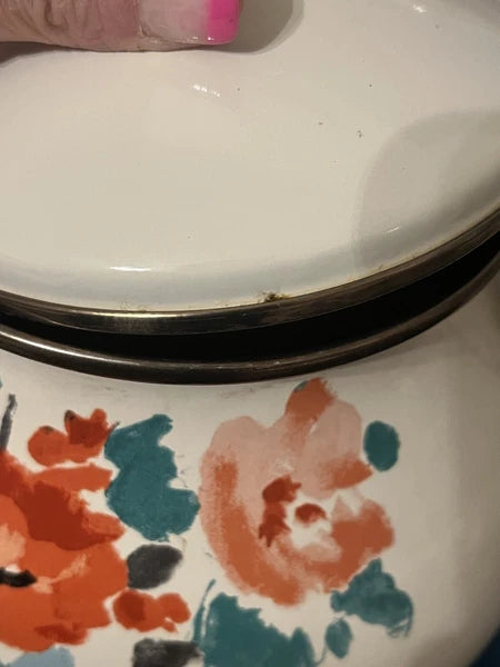 RARE Enamel Floral Tea Kettle - White W Orange & Teal Flowers - Pretty For Fall