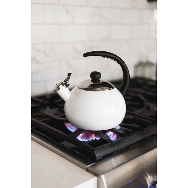 Porcelain Enamel Tea Kettle Stainless Steel Lid Bakelite Handle Stay Cool White