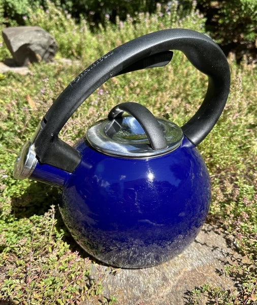 CHANTEL Cobalt Enameled  Whistling Tea Kettle 2qt Stay Cool BLK Phenolic Handle