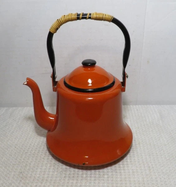 Vintage MCM Orange Black Baked Enamelware Tea Pot Kettle Japan Mod Kitchen
