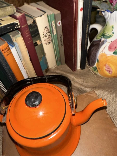 Vintage Orange Enamelware Metal Kettle Teapot  Oto Japan black handle