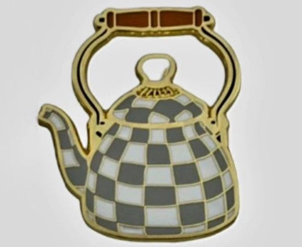 Mackenzie Childs Inspired Sterling  Check  Tea Kettle Teapot Enamel Lapel Pin