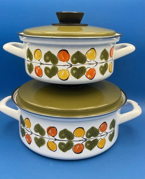 Vintage Enamel Pots and Lids Lemon Orange Leaves Austria Email MCM Set of 2