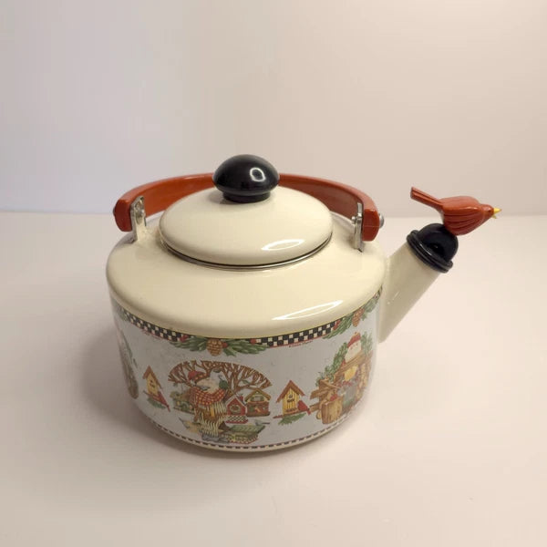 Debbie Mumm Woodland Santa Whistling Tea Kettle 2.5 Qt Porcelain Enamel 1999