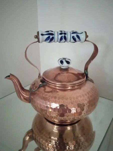 Old Vtg Copper Teapot Kettle Measuring Cup Creamer LOT of 2 Enamel Handle