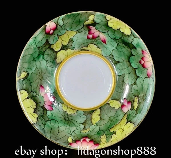 5" Qianlong Marked Enamel Porcelain Lotus Flower Leaf Pattern Lid Cup Plate Set