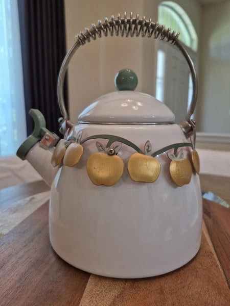 White Enamel Whistling Tea Kettle Gold Apple Garland 1999 Via Ancona