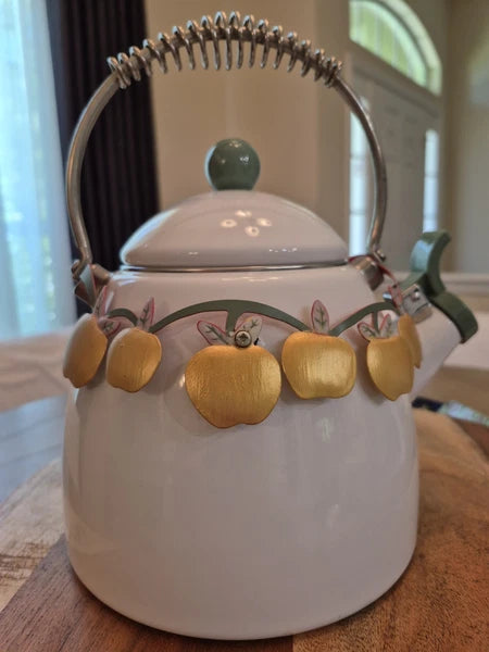 White Enamel Whistling Tea Kettle Gold Apple Garland 1999 Via Ancona