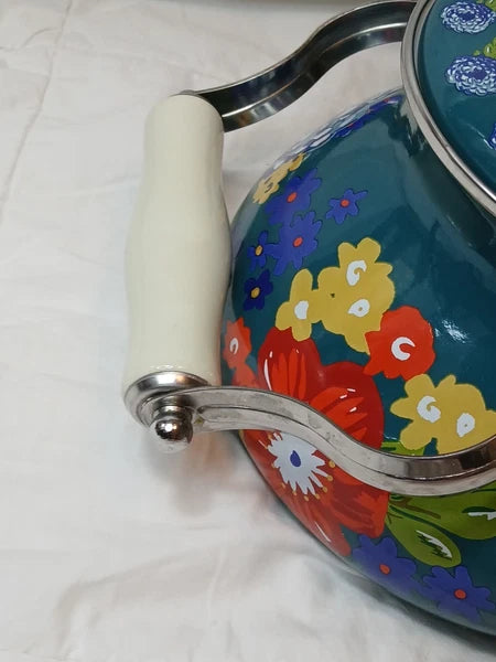 The Pioneer Woman Dazzling Dahlias Enamel Steel Teal 1.9 Quart Tea Kettle Pot