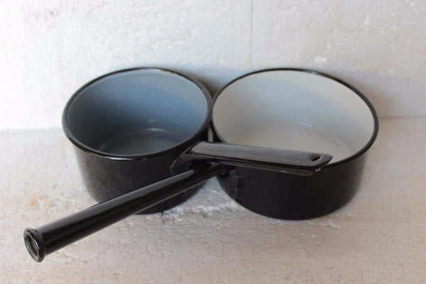 2 Pc Enamel Tea Pot Old Vintage with Handle Kitchenware Collectible