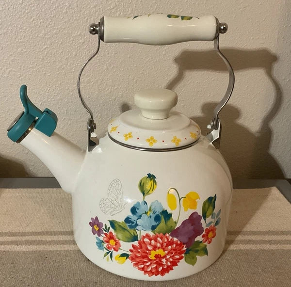 The Pioneer Woman Blooming Bouquet Whistling Tea Steel Tea Kettle White