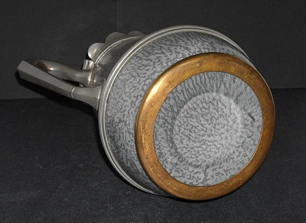 Excellent Early (1890 - 1905) Tall Grey Graniteware Teapot - Pewter Trimmed