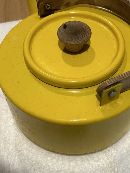 Enamelware Yellow teapot w wooden bentwood handle Copco Michael Lax Kettle retro