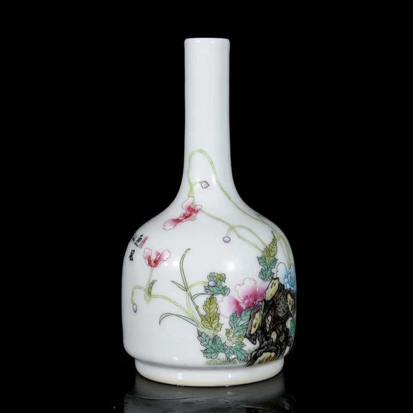 Qianlong Signed Pair Old Chinese Colour Enamel Vase W/flower N3582