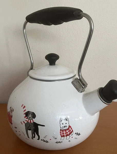 Martha Stewart  Enamel on Steel 2 Quart Christmas Tea Kettle Teapot Dogs As Is