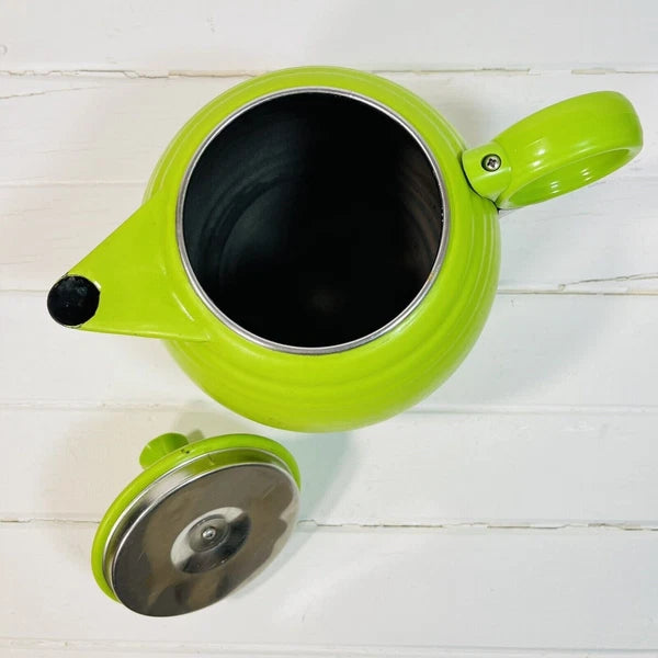 VINTAGE FIESTA MCM ENAMEL ON STEEL METAL CHARTREUSE GREEN TEA KETTLE TEAPOT
