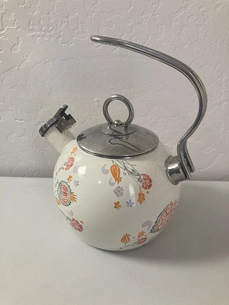 World Market White Orange Floral Pattern Oven Safe Tea Pot Kettle