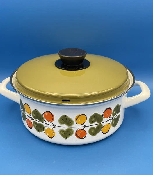 Vintage Enamel Pots and Lids Lemon Orange Leaves Austria Email MCM Set of 2