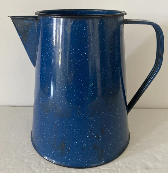 Enamelware Coffee Pot Blue White Speckled With Handle And Spout 8” Tall X 8”