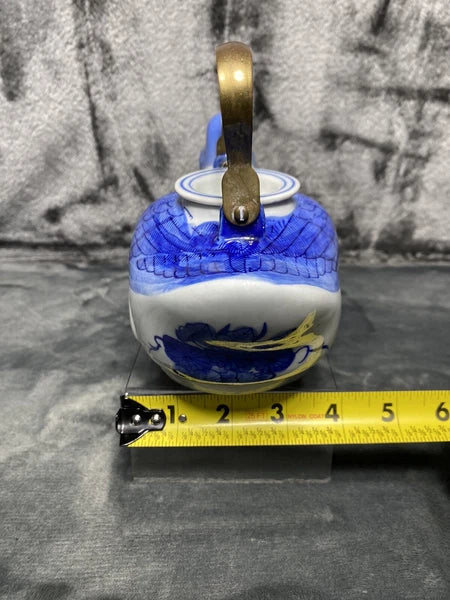 Vintage Duck Teapot, Tea Bag Holder Lid Blue White Floral Porcelain Metal Handle