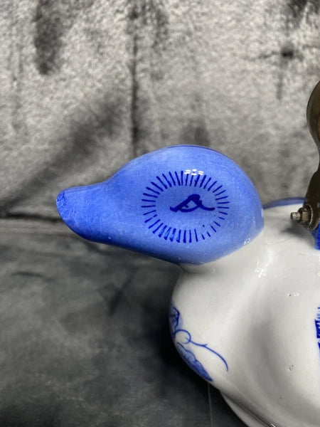 Vintage Duck Teapot, Tea Bag Holder Lid Blue White Floral Porcelain Metal Handle