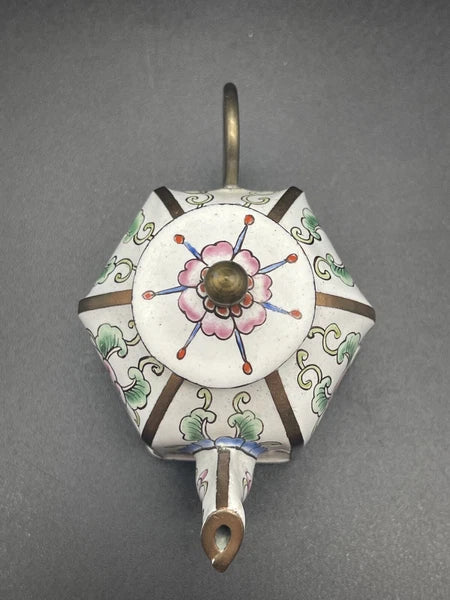 Chinemel B. Yee Enamel On Copper Miniature White Teapot W/Floral