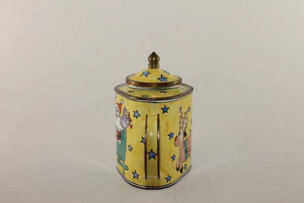Vintage Collectible Kelvin Chen Enamel Miniature Yellow Teapot Santa w Reindeer