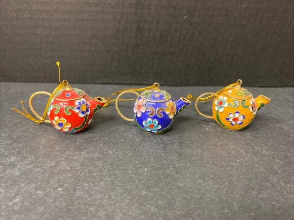 Miniature Cloisonne Teapot Ornaments Enamel Floral Lot of 3
