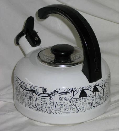 Vintage Mikasa Enamelware w Whistle Parisian Scenes Tea Kettle Paris Images EUC!