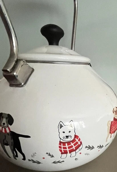Martha Stewart  Enamel on Steel 2 Quart Christmas Tea Kettle Teapot Dogs As Is