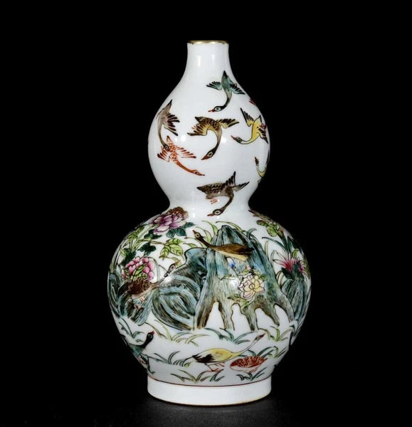 Qianlong Signed Old Chinese Colour Enamel Vase W/bird N3361